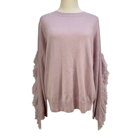 Brown Allan Wool & Cashmere Crewneck Sweater Fringe Sleeves Pink - Picture 7 of 7
